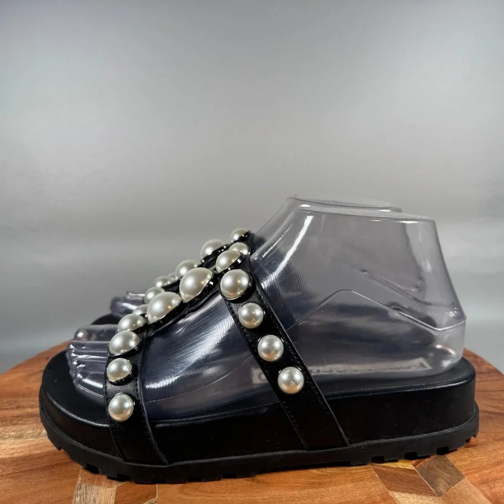 Karl Lagerfeld Paris Blithe Black Leather Pearl Platform Slide Sandals 6M
